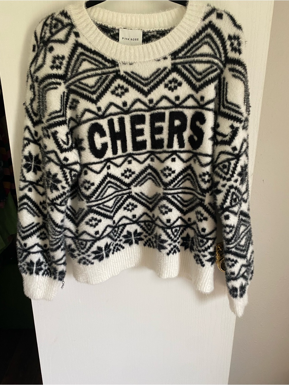 Pink Rose Black & White 'CHEERS' Patterned Crewneck Sweater